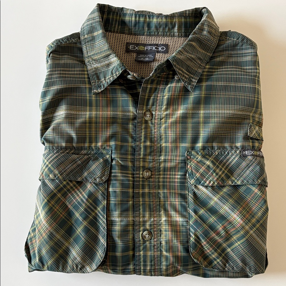ExOfficio Men's Green Plaid Casual Button-Down Shirt